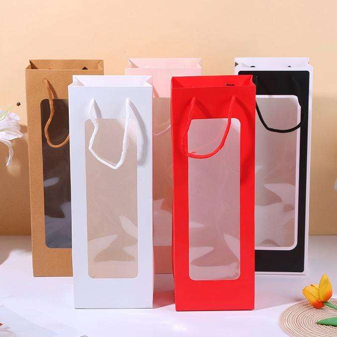 Durable luxury single wine bottle gift bag with art paper transparent window Durable luxury single wine bottle gift bag with art paper transparent window