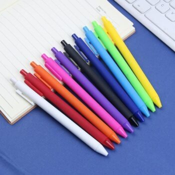 Best bulk plastic cheap multicolored rubber coated ballpoint pens with oem retractable custom printed logo for stationery