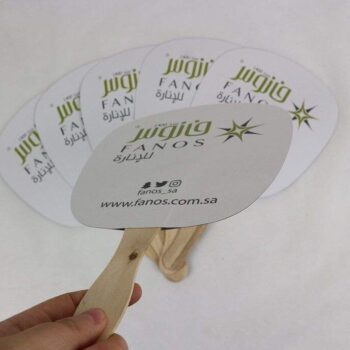 Custom printing and shape paper hand held fan with wood handle for events