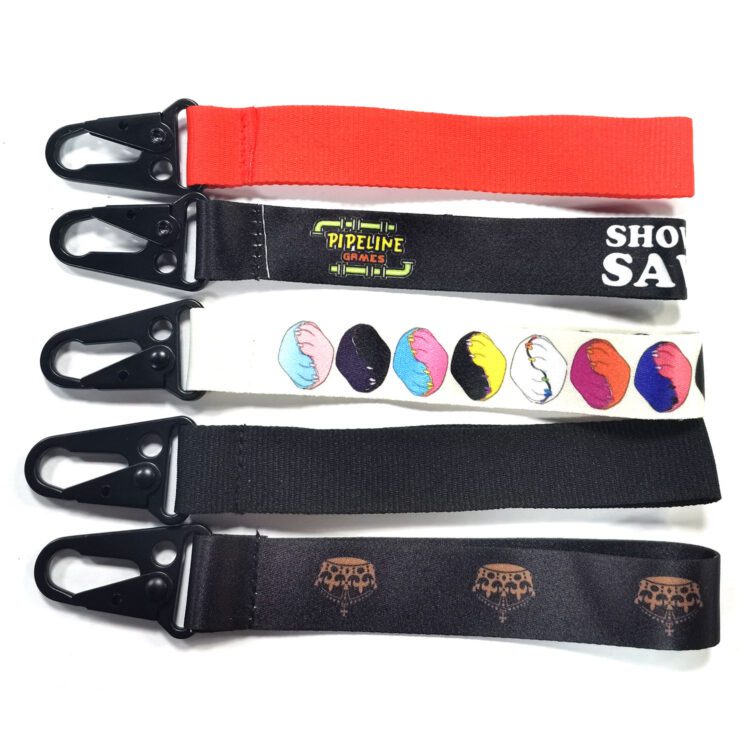 Wholesale custom logo printed wrist strap lanyards polyester woven embroidered short keychain lanyard key chain