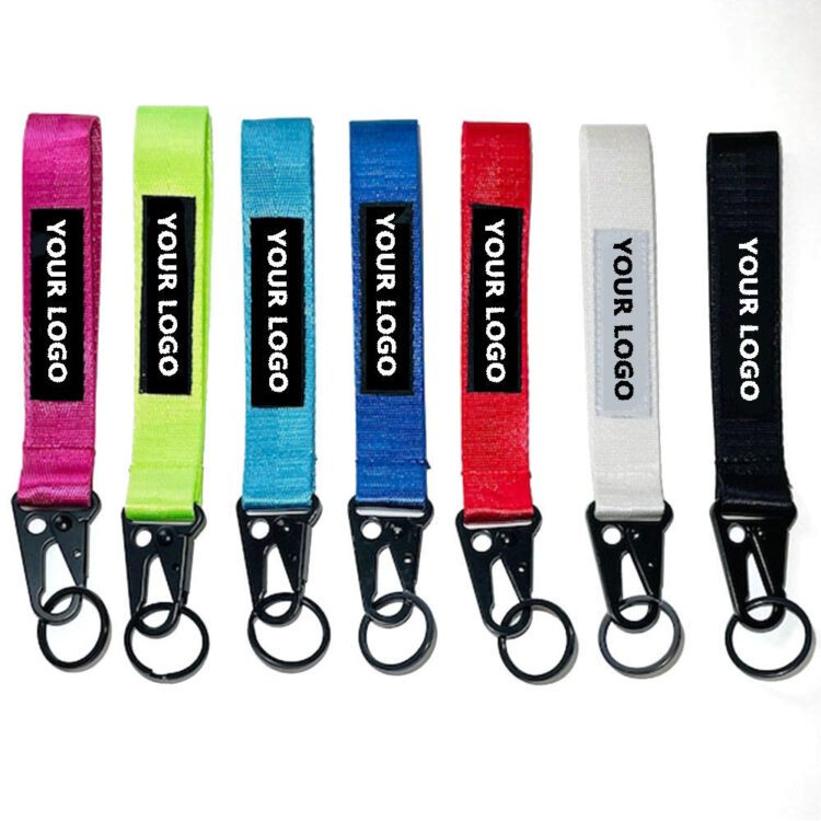 Wholesale custom logo printed wrist strap lanyards polyester woven embroidered short keychain lanyard key chain