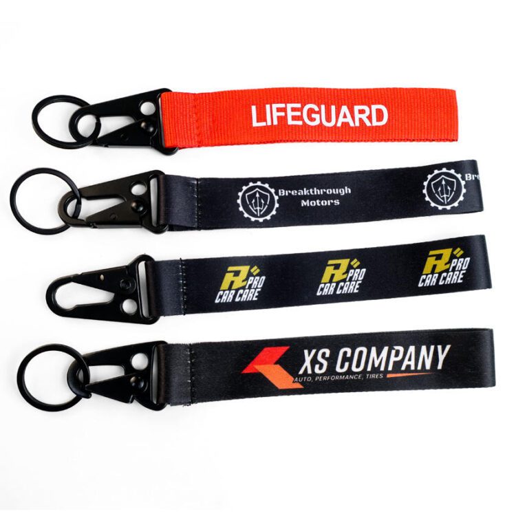 Wholesale custom logo printed wrist strap lanyards polyester woven embroidered short keychain lanyard key chain