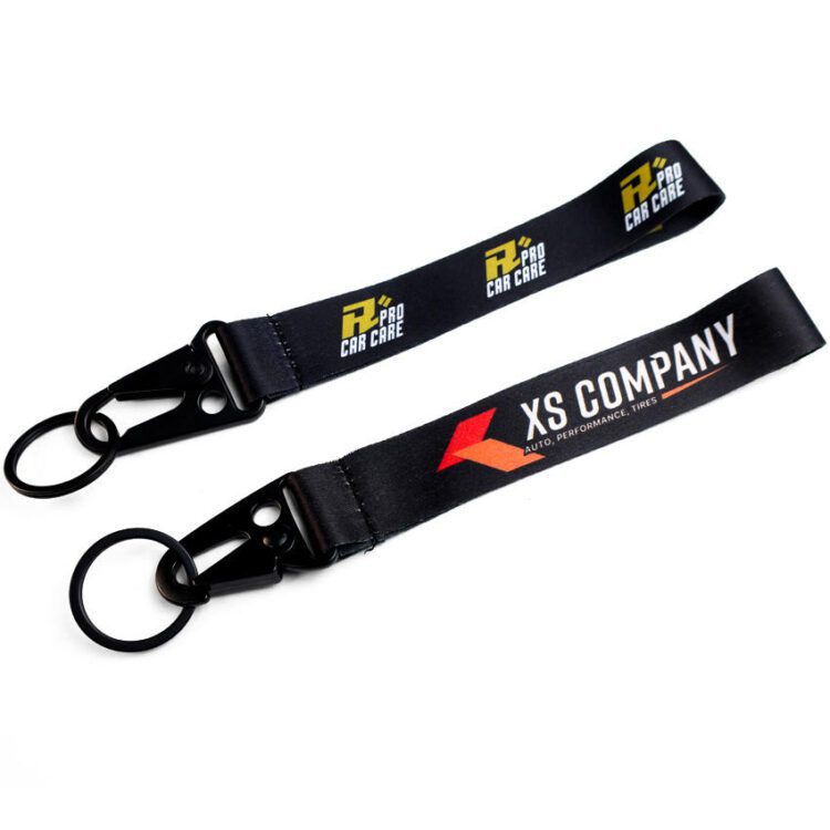 Wholesale custom logo printed wrist strap lanyards polyester woven embroidered short keychain lanyard key chain