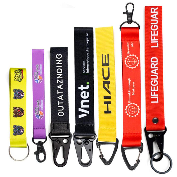 Wholesale custom logo printed wrist strap lanyards polyester woven embroidered short keychain lanyard key chain