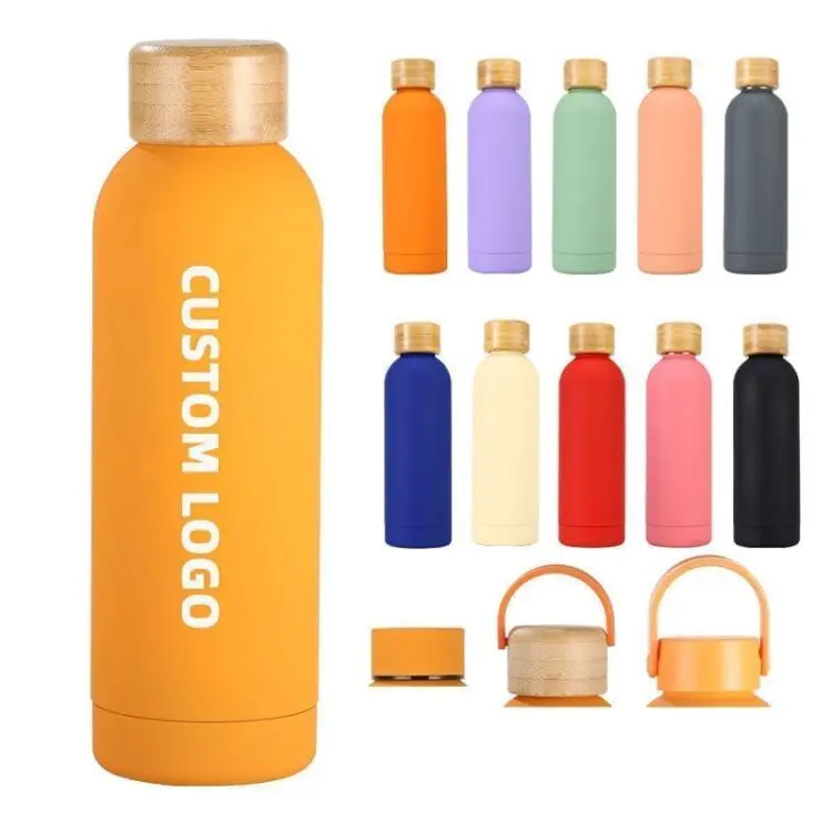 Custom logo stainless steel drinking water bottle with wood lid insulated thermos vacuum flask