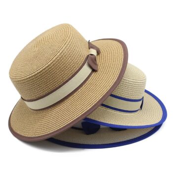 Blue and white outdoor boho bow decor british style sombrero classic summer women's boater flat top straw hat