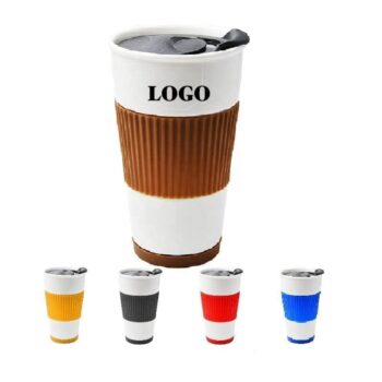 Custom ceramic double wall insulated travel coffee cup with slider lid, silicone sleeve & built-in coaster