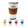 Custom ceramic double wall insulated travel coffee cup with slider lid, silicone sleeve & built-in coaster