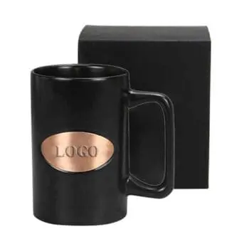 Ceramic logo custom stoneware copper medallion matte black mug