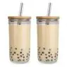 Amazons 20 oz reusable glass tumblers, smoothie cups boba bubble tea jar wide mouth mason jars with wooden lids and straws
