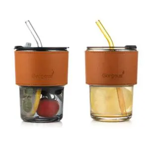 Amazons newly 13oz/16oz glass tumbler cup with straw and lid glass coffee mug iced tea cup with leather protective sleeve
