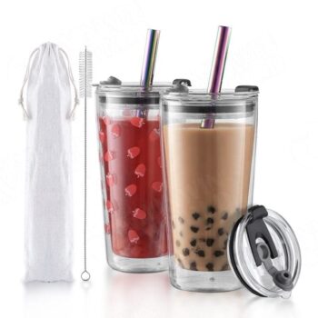 Reusable 20oz boba glass iced coffee tumbler cups with boba straw, smoothie cup,glass coffee travel mug with leakproof slide lid