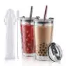 Reusable 20oz boba glass iced coffee tumbler cups with boba straw, smoothie cup,glass coffee travel mug with leakproof slide lid