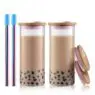 Summer wide mouth glass tumbler reusable smoothie cups boba tea cups with lids, glass mason jars for boba, coffee drinking