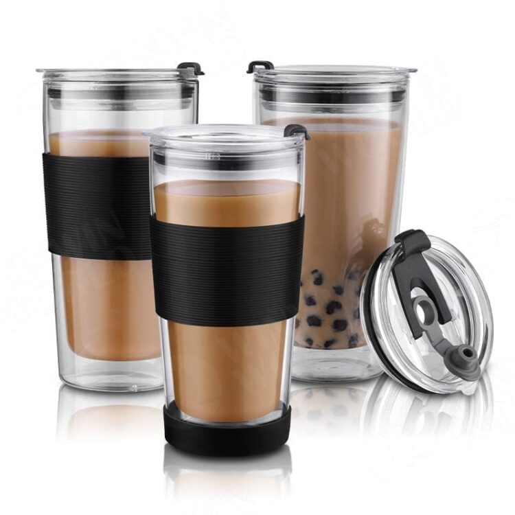 Double wall glass tumbler - 14-ounce, all glass reusable insulated tea/coffee mug & lid, hand blown glass travel mug