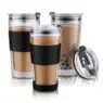 Double wall glass tumbler - 14-ounce, all glass reusable insulated tea/coffee mug & lid, hand blown glass travel mug