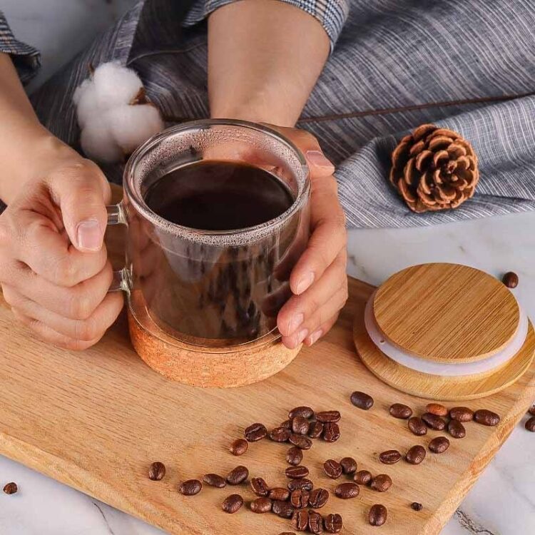 Bamboo fiber coffee cup with bamboo lid double wall insulated glass coffee tea cup with cork bottom, best christmas mug gift