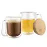 Clear borosilicate glass coffee mug, insulated double walled glass espresso coffee cup with handle, glass mug with bamboo lid
