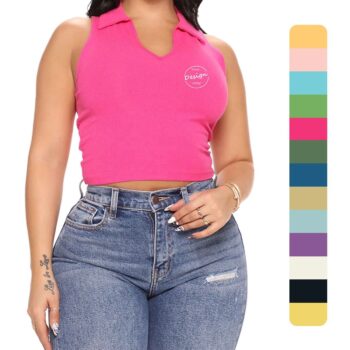 Polo collar tank top 95% cotton 5% spandex high quality women crop tank top slim fit custom puff print logo