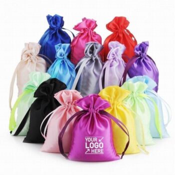 Customized logo satin fabric drawstring gift bag silk fabric candy gift bag smooth feeling gift bag with ribbon