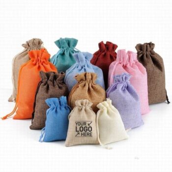 Customized logo promotion linen drawstring gift bag mini candy gift bag linen bag with ribbon