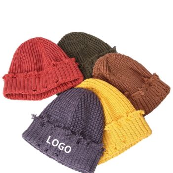 105g wholesale custom logo stylish solid blank gorro punto knitted hole bonnet tricot distress knit beanie hat