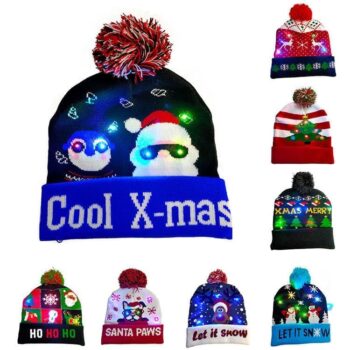 Wholesale winter knitted pompom santa xmas christmas hat with led light santa christmas hat