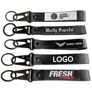 Customized polyester short lanyard keychain wristlet woven logo black eagle hook wrist lanyard