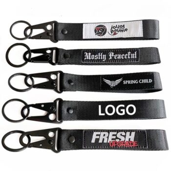 Customized polyester short lanyard keychain wristlet woven logo black eagle hook wrist lanyard