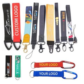 Custom logo polyester short wrist strap key chain lanyards carabiner short lanyard with printing logo