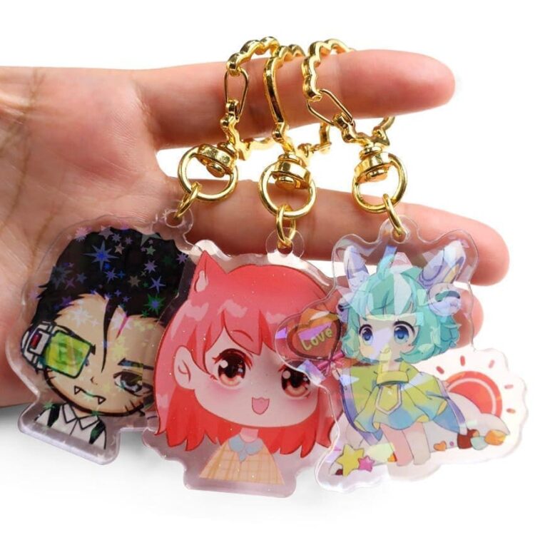 Custom anime printed epoxy clear glitter acrylic keychain charm for jewelry making