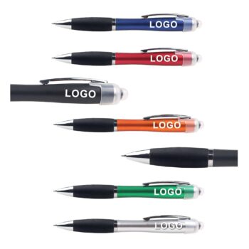 Cheapest led light plastic customized logo ballpoint pen with printed for touch stylus screen phone