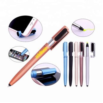 5 in 1 multiuse ball pen stylus pen highlighter pen with phone holder and screen cleaner with logo printed