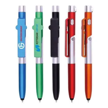 Oem design promotional plastic ballpoint 4 in 1customized stylus pen with led light phone stand