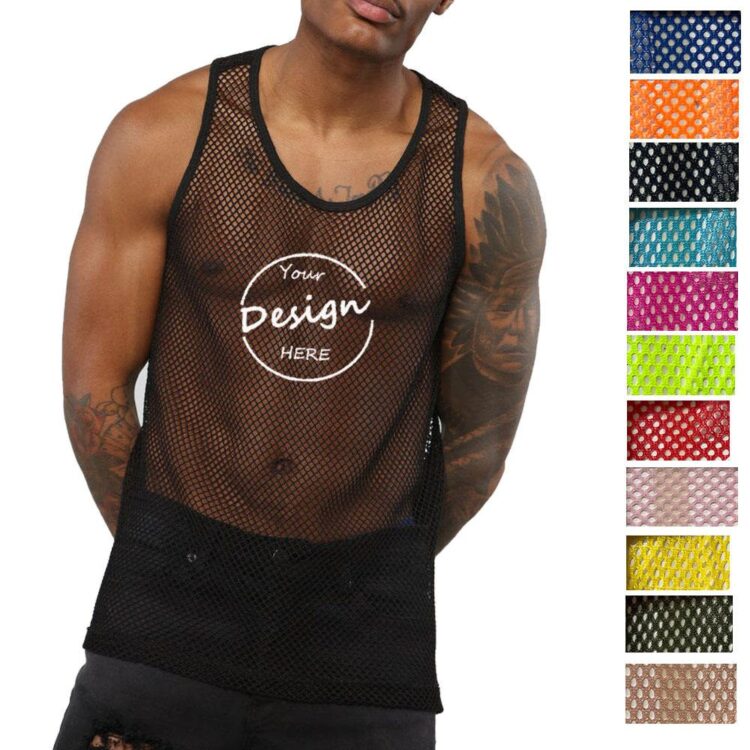 Custom mens see through mesh sleeveless t-shirt muscle tee tops workout underwear vest mesh sleeveless fish net tank tops