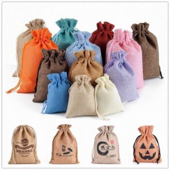 Customized logo promotion linen drawstring gift bag mini candy gift bag linen bag with ribbon