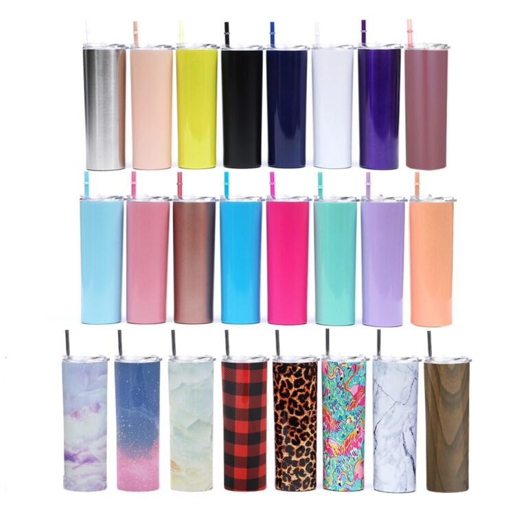 Wholesale custom logo straight tumbler slim glitter sublimation stainless steel 20oz skinny tumbler with straw and lid