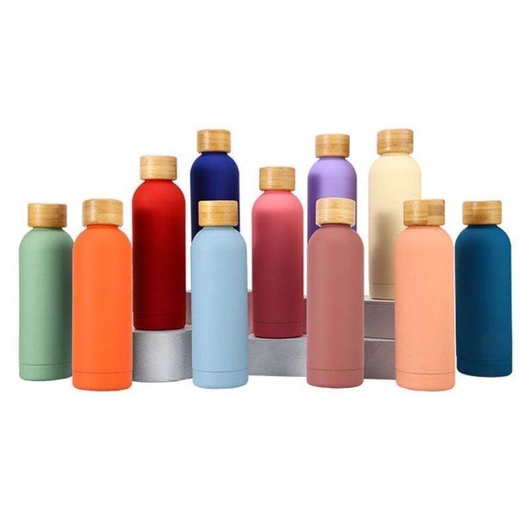 Custom logo stainless steel drinking water bottle with wood lid insulated thermos vacuum flask