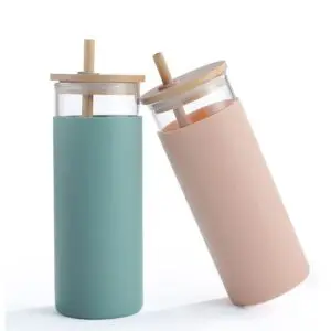 Custom logo 500ml glass water bottle straw silicone protective sleeve bamboo lid - bpa free