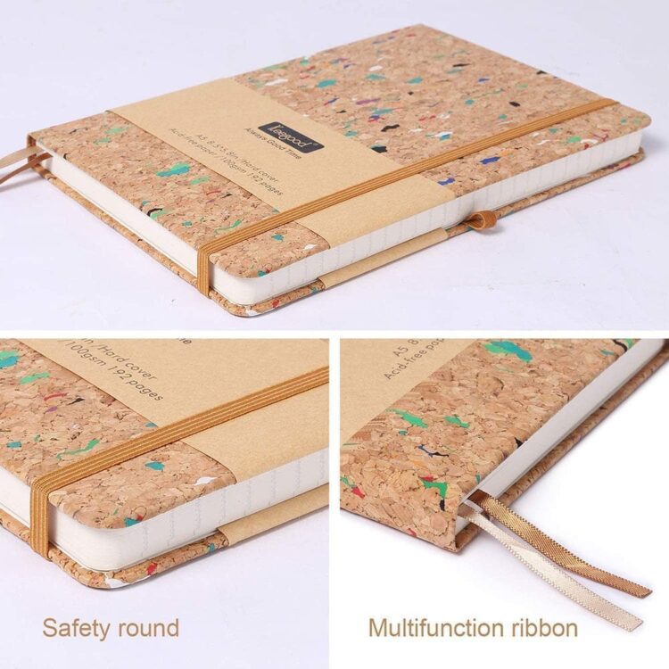 Custom logo eco-friendly a5 notebook with cork cover- premium lined paper- inner pocket & elastic band