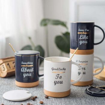 Custom handmade good lucky to you ceramic coffee mug with wooden splice bottom