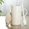 Custom logo printed sublimation ceramic coffee cups set porcelain mug with wooden lid and spoon
