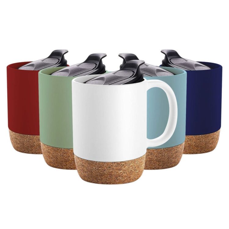 Wholesale brief 15oz cork bottom ceramic cup with lid, new design reusable customized logo print sublimation coffee mug