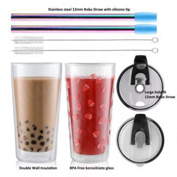 Reusable 20oz boba glass iced coffee tumbler cups with boba straw, smoothie cup,glass coffee travel mug with leakproof slide lid