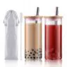 Summer wide mouth glass tumbler reusable smoothie cups boba tea cups with lids, glass mason jars for boba, coffee drinking