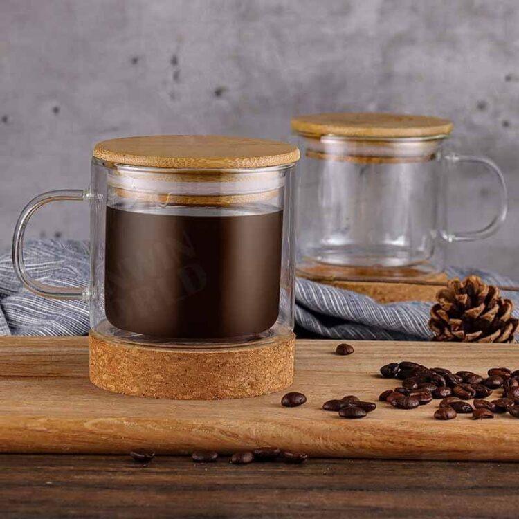 Bamboo fiber coffee cup with bamboo lid double wall insulated glass coffee tea cup with cork bottom, best christmas mug gift