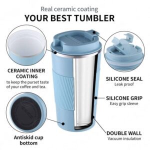 Coffee ceramic travel mug ceramic rim & inner coating on insulated stainless steel tumbler