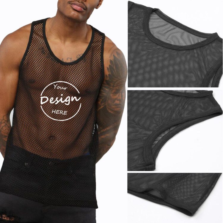 Custom mens see through mesh sleeveless t-shirt muscle tee tops workout underwear vest mesh sleeveless fish net tank tops