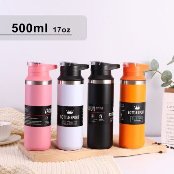 Custom logo double wall vacuum insulated metal flask 500ml promotional gym sports drinking water bottle with handle