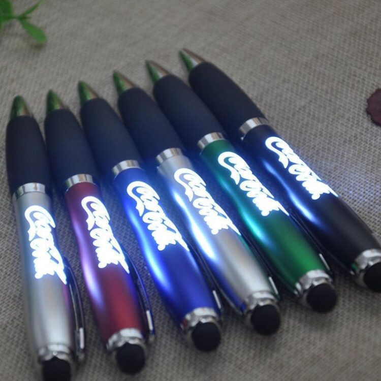Wholesale oem 2 in 1 stylus plastic ball pen with led light customized printed personal advertise logo for screen mobile phone